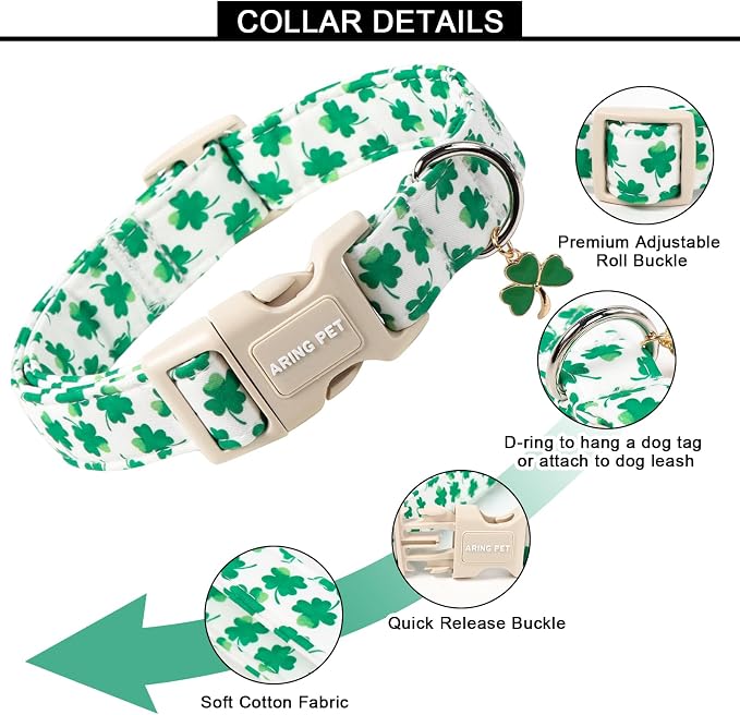 ARING PET St Patrick's Day Collar for Dog, Cute White Green Clover Shamrock Puppy Pet Collars for Small Medium Large Boy Girl Dogs-XL