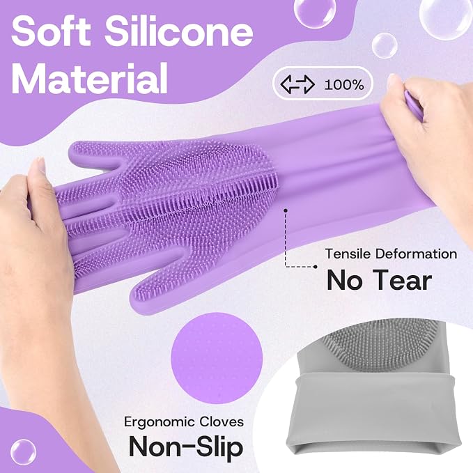 2-Pair Pet Hair Remover Glove for Dogs and Cats Washing, Grooming, & Deshedding – Multipurpose Silicone Dog Bath Gloves, Cat Brush Glove Mitt for Pet Cleaning & Household Use (Purple & Grey)