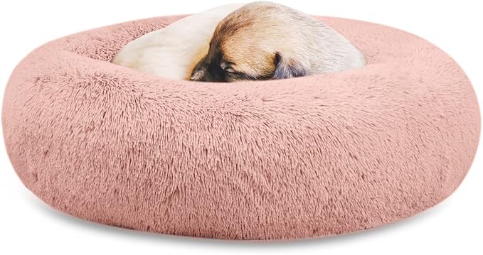SAVFOX 45 inches Calming Donut Dog Bed - 3X Durable Plush Faux Fur, Machine Washable & Non-Slip, Fits up to 150 lbs, Pink