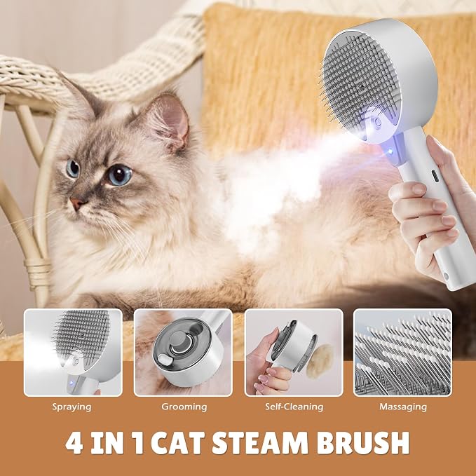 Cat Steam Brush for Indoor Cats, Spray Cat Deshedding Brush for Grooming | Self Cleaning Steam Pet Brushes with Spray, Helps Remove Loose Hair & Undercoat, Grooming Tool for Long & Short Hair Cats