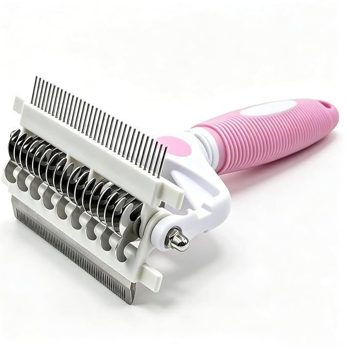 3-IN-1 Pet Grooming Brush, Undercoat Rake, Dematting Comb & Deshedding Tool | Pink Shedding Control Tool for Long Haired Dogs and Cats, Tangles & Loose Fur, Reduces Shedding & Prevents Hair Mess Removal