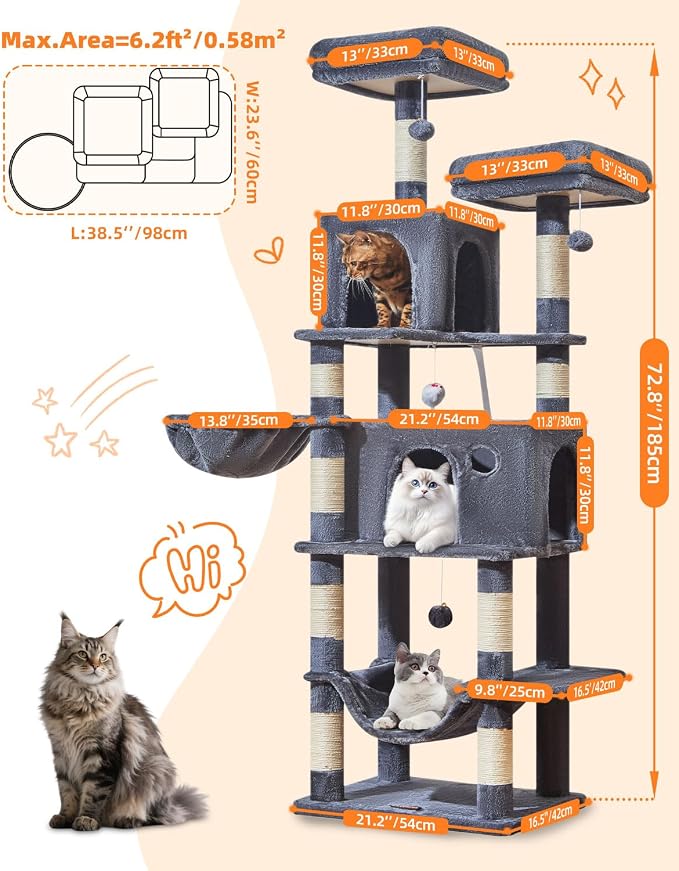 Taoqimiao Large Cat Tree, 73 in Tall Cat Tower with 2 Plush Big Cat Condos | 9 Scratching Posts, 2 Top Perches, Cozy Hammock & Basket, Indoor Cats, 2 Pompoms & Mouse Toy, Smoky Gray, MS013XLG