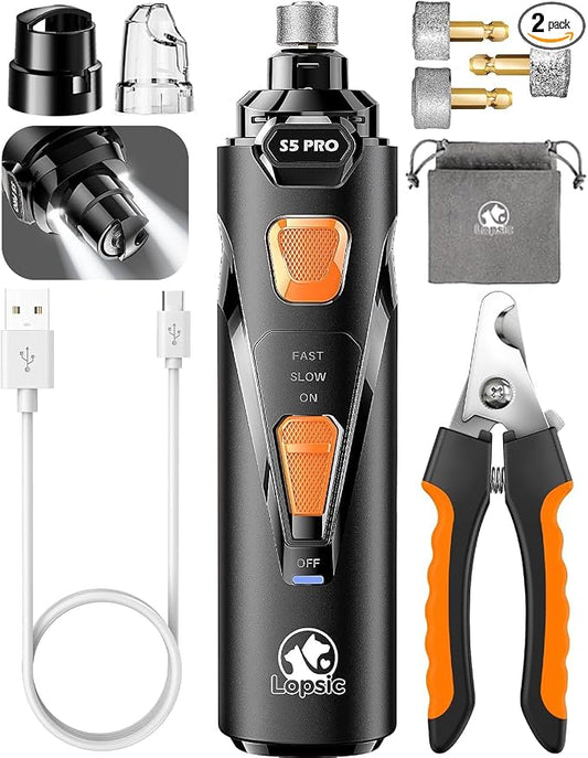 Whisper Quiet Dog Nail Grinder Safe & Stress-Free for Sensitive Dogs Cats | 4 LED Lights,3 Grinding Bits, 3-Speed, Pet Nail Trimmers, Rechargeable Painless Grooming Kit for All Breeds & Sizes