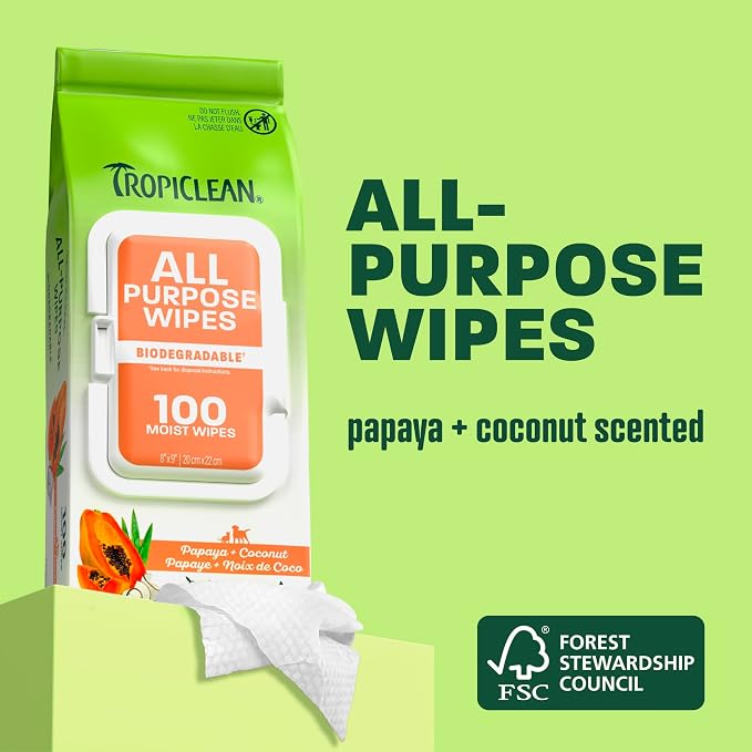 TropiClean Papaya & Coconut Dog Wipes for Paws and Bottom | Deep Cleaning Dog Grooming Wipes | Safe for The Face | Cat Friendly | 400 Count
