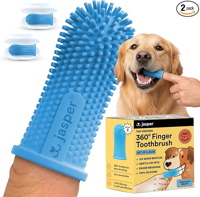 Jasper Dog Toothbrush, 360 Dog Tooth Brushing Kit, Finger Toothbrush, Cat Tooth Brush, Teeth Cleaning, Pet Tooth Brush for Small & Large Pets, Pet Toothpaste Not Included, 2-Pack Blue