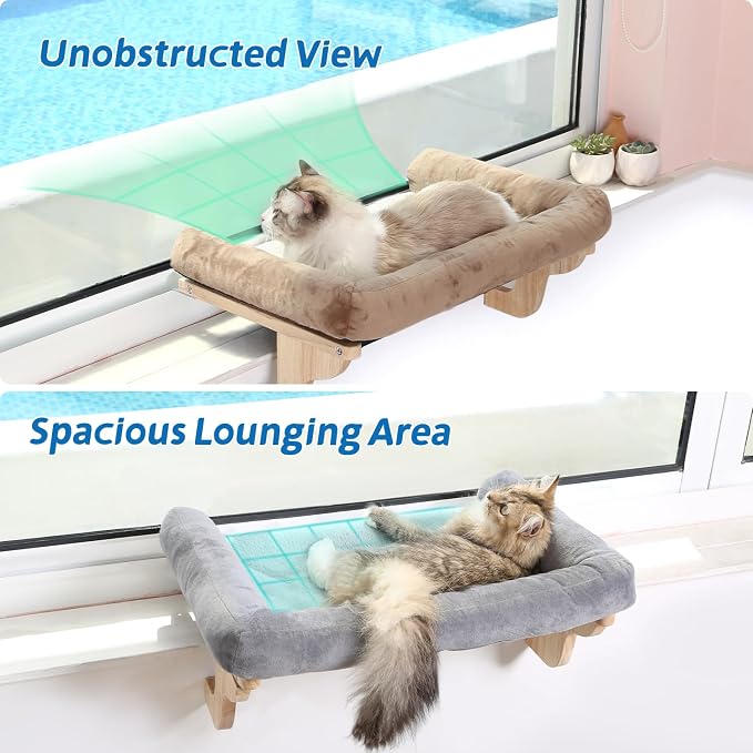 Zakkart Cat Perch for Window Sill with Bolster - Orthopedic Hammock Design with Premium Hardwood & Robust Metal Frame - Cat Window Seat for Large Cats and Kittens - Dark Stained Wood Brown Bed, 24''W