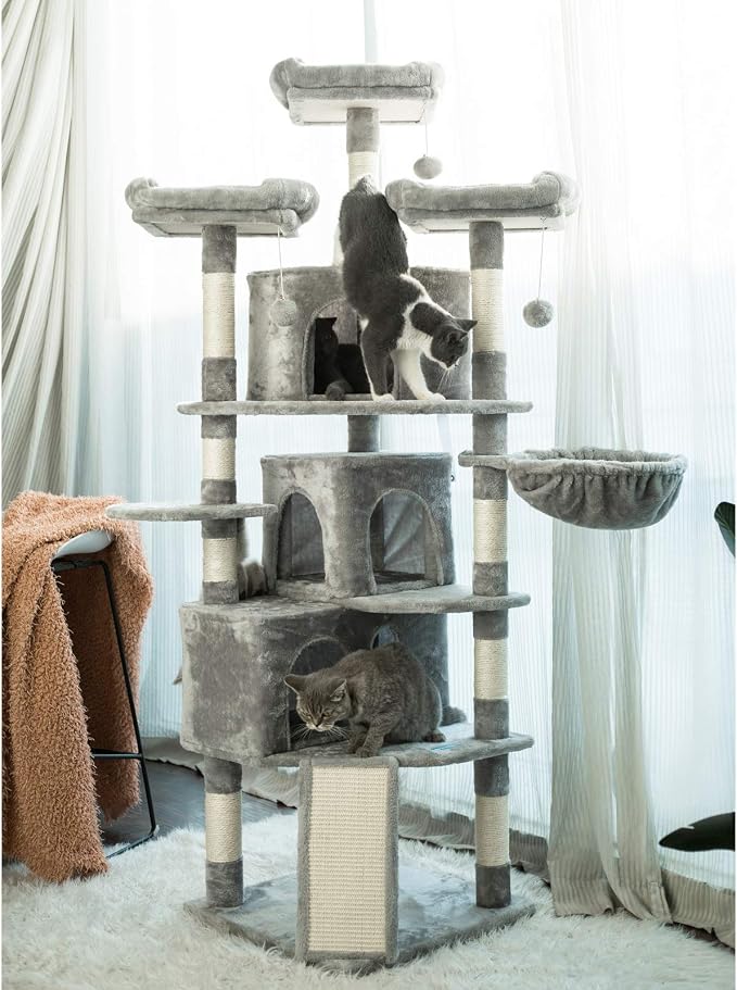 Hey-brother Cat Tree Tower with Multi-Level Large Condo, Platform, MPJ032W | 73.4 Inch Cat Tower with 3 Caves, 3 Cozy Perches, Scratching Posts, Board, Activity Center Stable for Indoor Cats, Light Gray