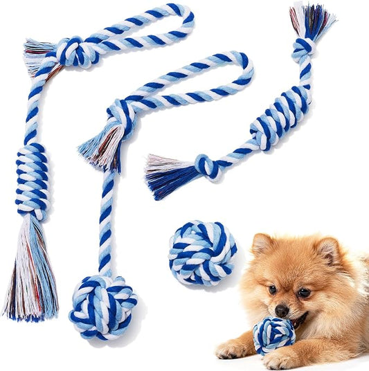 Dog Rope Toys 4 Pack for Small Dogs & Puppies - Cotton Knot Teething Chew Dog Toy, Interactive Tug of War Set for Boredom Relief, Teeth Cleaning, Indoor/Outdoor Play - Blue
