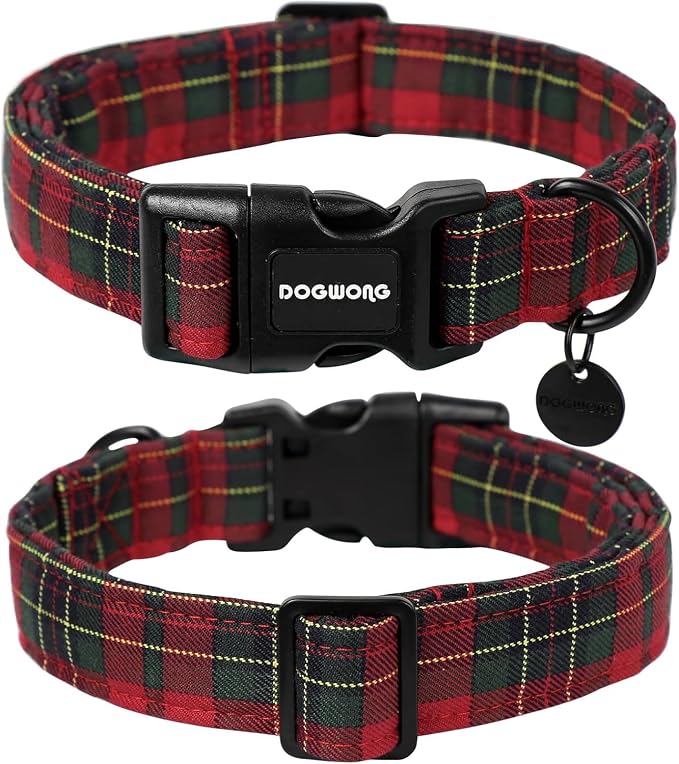 DOGWONG Cotton Christmas Dog Collar, Heavy-Duty Christmas Red Plaid Dog Collar Durable Soft Natural Fabric Pet Dog Collars for Large Dogs,XL