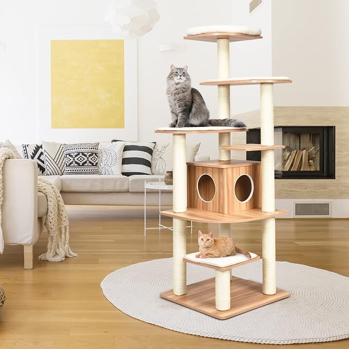 69 Inches Tall Cat Tree, Modern Wooden Cat Tower with Sisal Scratching Posts, Double-Entry Cat Condo, Multiple Jumping Platforms with Removable Soft Pads, Ideal for Indoor Cats Large Adult