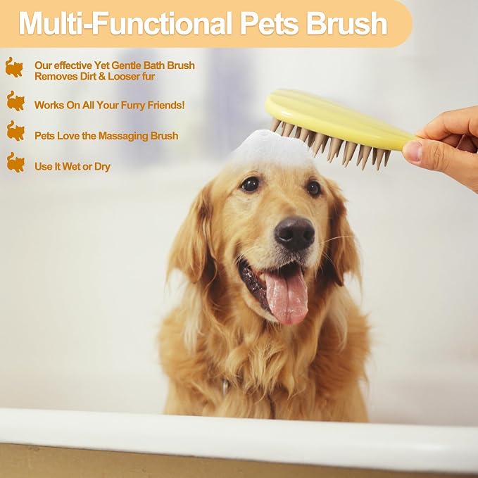 Pet Silicone Shampoo Brush for Long Short Hair Dogs Cats Washing, Dog Washing Brush with Handle for Bathing, Massaging, Hair Removal, on Wet or Dry Hair (Yellow)