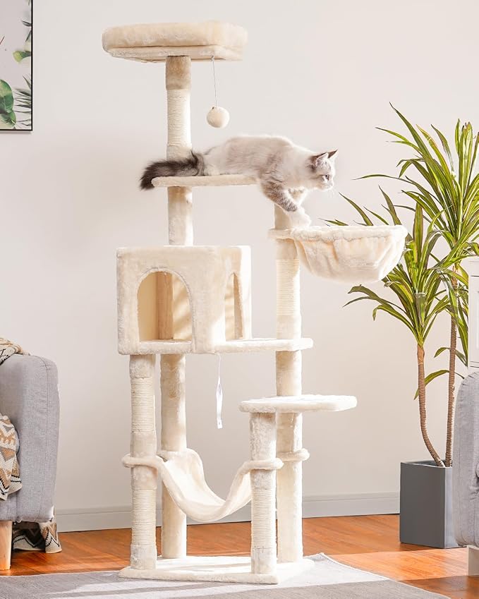 Hey-brother Cat Tree, Multi-Level Sisal Covered Scratching Posts, MPJ050M | 60.6 Inches Tower with Condo, Large Hammock, Top Perch, Toy Ball for Indoor Multi-Cats Households, Beige