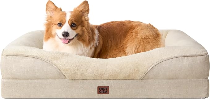 EHEYCIGA Orthopedic Dog Bed for Medium Dog, 35x22 Inch Memory Foam Dog Couch Bed with Sides, Waterproof Liner & Washable Removable Cover, Bolster Pet Sofa, Beige