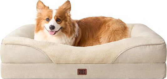 EHEYCIGA Orthopedic Dog Bed for Medium Dog, 35x22 Inch Memory Foam Dog Couch Bed with Sides, Waterproof Liner & Washable Removable Cover, Bolster Pet Sofa, Beige