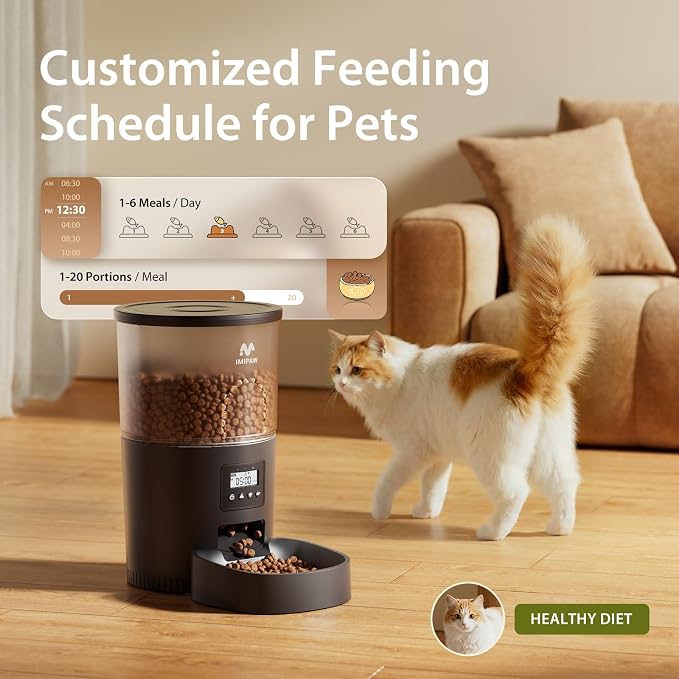 IMIPAW Automatic Cat Feeders, 3L Timed Cat Dry Food Dispenser, Dual Power Supply, Programmable Portion Size, 1-6 Meals Per Day, Auto Pet Feeder for Cats and Small Dogs, with Desiccant Bags