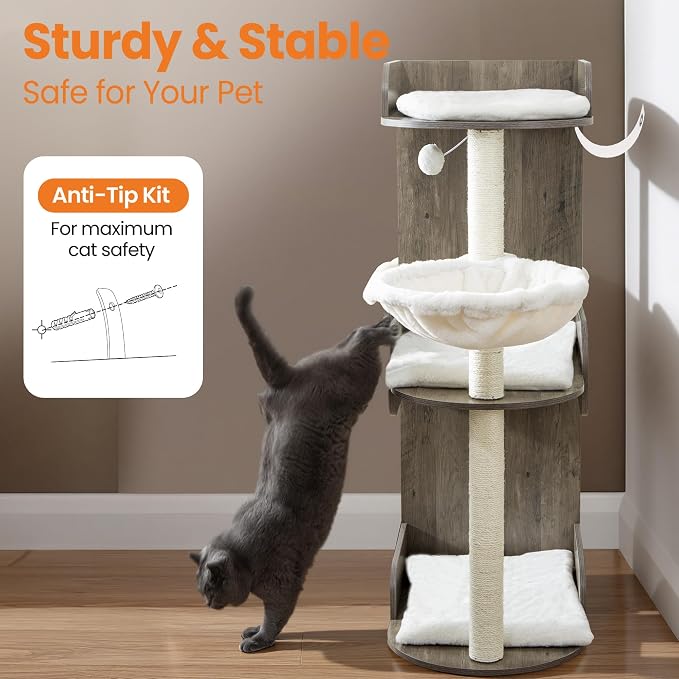 44.8in Modern Wood Cat Tree Tower for Indoor Large Cats with Perch | Multi-level Big Platforms, Sisal Scratching Posts, Cozy Hammock, Washable Pads, Ideal for Windows and Corners, Greige