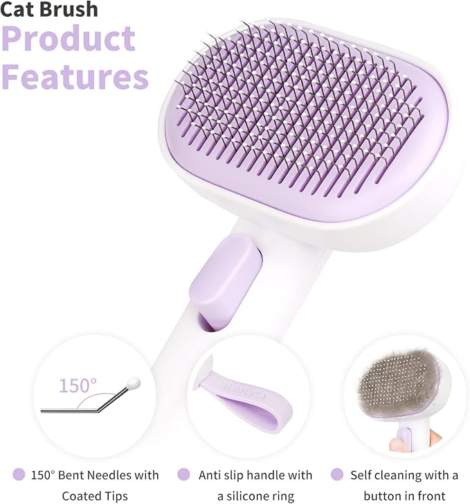 aumuca Cat and Dog Grooming Brush for Shedding, Removes Loose Fur from Long or Short Haired Pets - Ideal for Cats, Kittens, Rabbits, and More - Purple | Self Cleaning Pet Brush for Long or Semi-Short Haired Cats, Removing Loose Fur & Tangles and Massage
