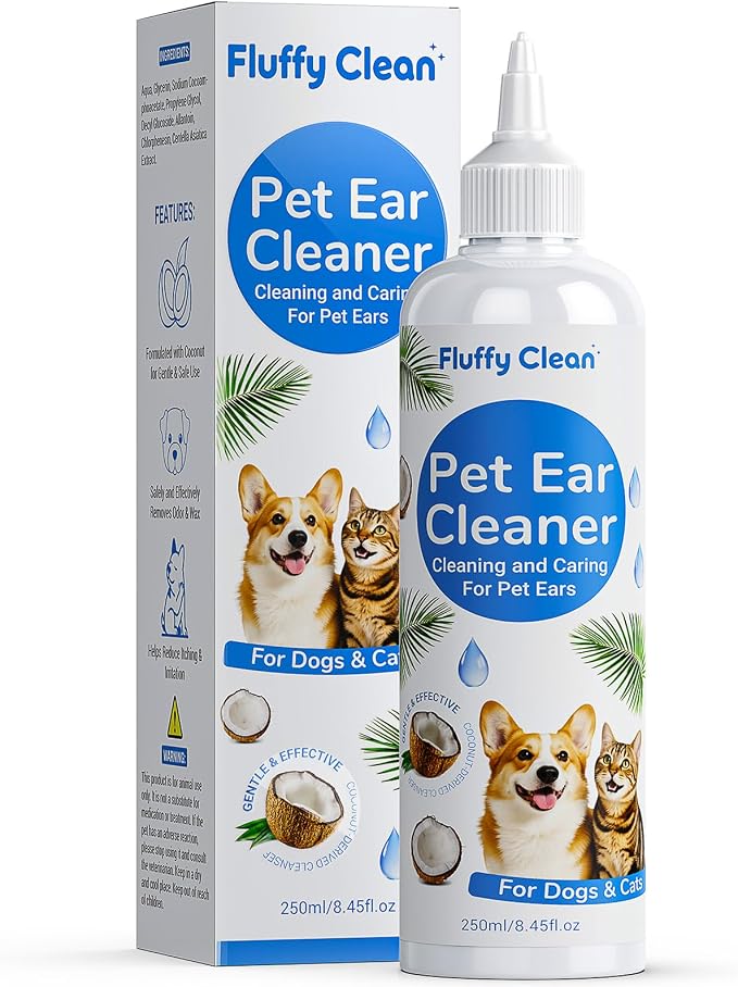 Ear Cleaner for Dogs & Cats - Gentle Ear Cleaning Solution with Natural Non-Irritating Formula for Sensitive Ear Care, Removes Built-up Wax, Discharge, Dirt & Debris - 8 OZ