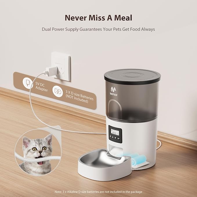 IMIPAW Automatic Cat Feeder, 3L Timed Pet Dry Food Dispenser with Clog-Free Design, Auto Feeder for Cats, 1-6 Meals Per Day, Desiccant Bags, with Stainless Steel