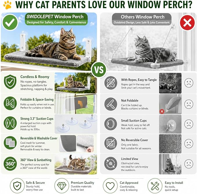 Cordless Cat Window Perch, Foldable Stable Cat Hammock, Breathable for Overlooking, Sunbathing & Climbing, Max Hold Up to 40lb