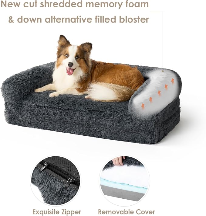 EHEYCIGA Foldable XXL Dog Bed for Large Sized Dog, 54"x38"x7.5" Faux Fur Fluffy Pet Couch Bed, Orthopedic Calming Memory Foam Big Pet Bed, Washable Pet Sofa Bed with Non-Slip Bottom, Dark Grey
