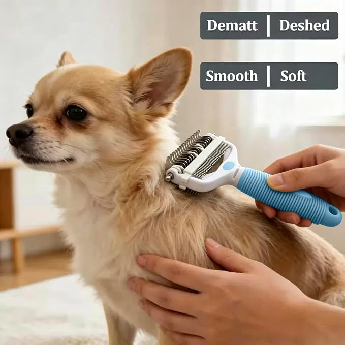 3-IN-1 Pet Grooming Brush, Undercoat Rake, Dematting Comb & Deshedding Tool | Blue Shedding Control Tool for Long Haired Dogs and Cats, Tangles & Loose Fur, Reduces Shedding & Prevents Hair Mess Removal
