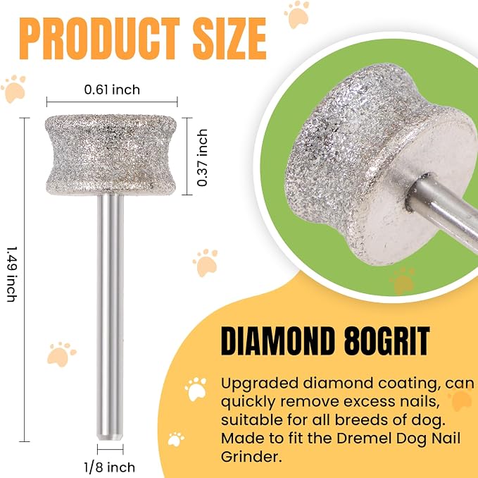 CAELUM Diamond Dog Nail Grinder Bit, 80 Grit Pet Nail Grinder Attachment for Large & Small Dogs, 1/8" Shank Fits Dremel Rotary Tools, Low Noise Nail Trimming Bit for Home Grooming