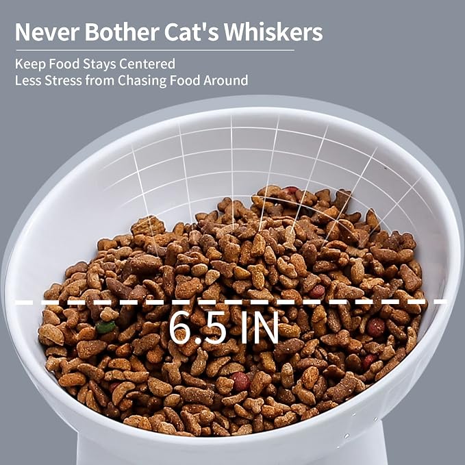 6.5 Inch Extra Wide Ceramic Raised Cat Bowl Set, Tilted Elevated Cat Bowls for Food and Water, Prevent Whisker Fatigue, Stress Free, Less Vomiting, Protect Spine, White & Grey | Prevent Whisker Fatigue, Stress Free, Less Vomiting, Protect Spine, Dishwa...