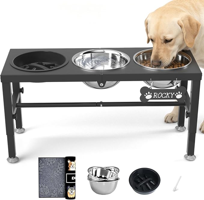 3-in-1 Slow Feeder Dog Bowl Stand, Elevated Raised Feeder with 1 Slow Feed & 3 Stainless Steel Bowls, Iron Stand, Custom Name Plate & Mat - Easy Clean for Fast Eaters, Multiple Dogs