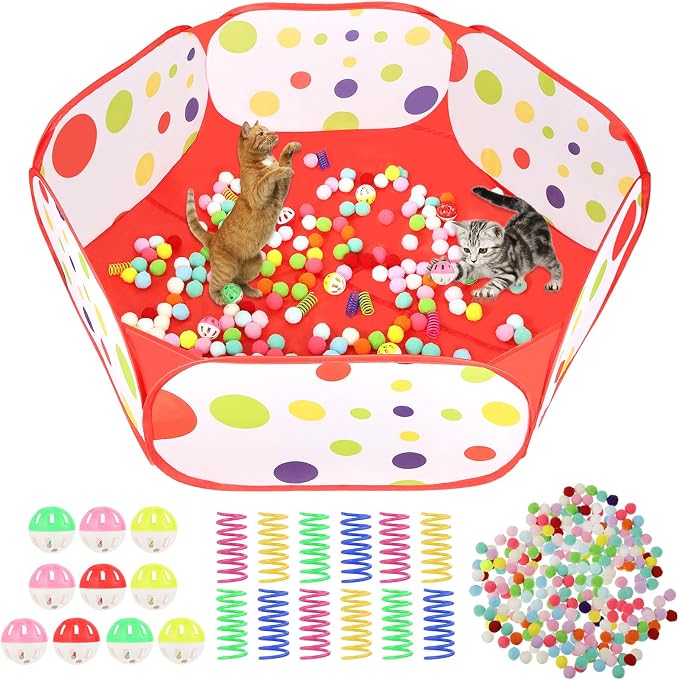 Cat Ball Pit Include 200 Pom Pom Balls 10 Jingle Balls and 12 PCS Cat Spring Toy for Indoor Bored Self Play Enrichment Toy for Indoor Cats Interactive Fun and Exercise