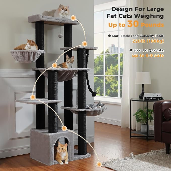 Maine Coon Cat Tree-67 Large Cat Tower for Indoor Cats Large Adult with 7 Thick Black Scratching Posts (φ4.3), Multi-Level Condo, Big Perch & Hammocks -Black | 7 thick 4.3in posts, Multi-level condo, XL top perch, Cozy hammocks, Sized for Maine Coon, H...