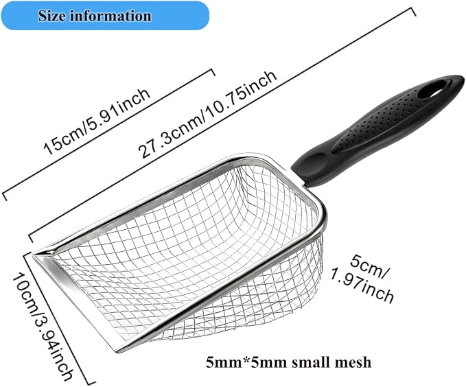 Cat Litter Scoop, Stainless Steel Cats Sturdy Mesh Scooper Kitty Metal Scooper Long Handle Scooper Shovel Sifter for All Litter Types Metal Cat Scooper for Litter Box