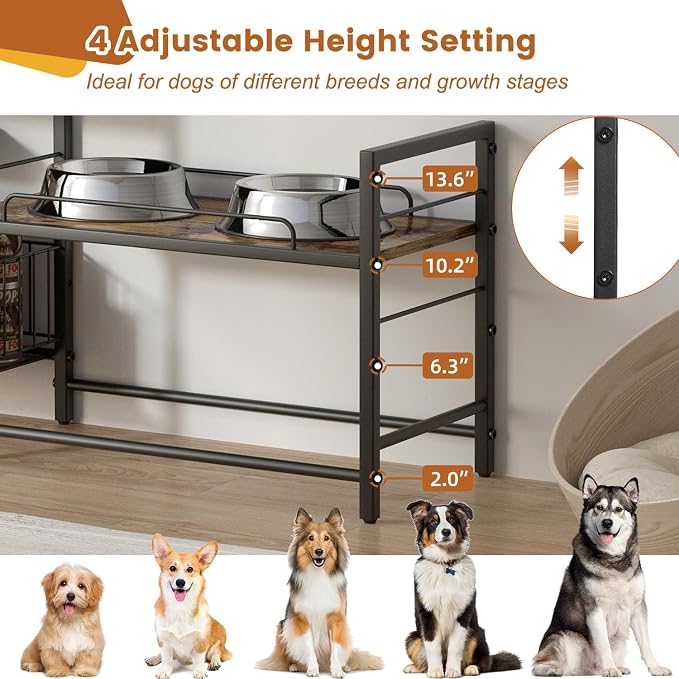 Lomivra Elevated Dog Bowl Stand with Toy Bin Basket, 4 Height Adjustable Raised Feeding Station Cabinet, Lifted Food and Water Bowl Holder, Pet Storage Organizer for Large Medium Small Dogs