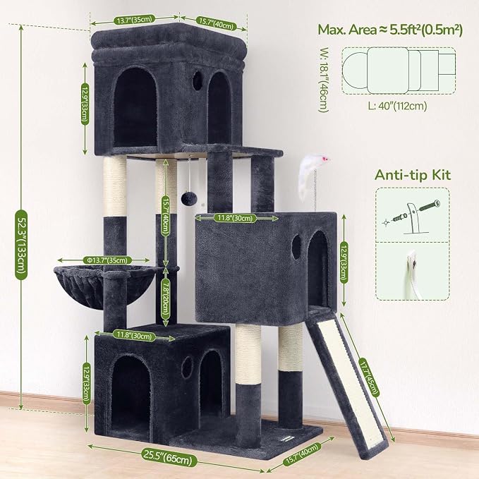 Globlazer Heavy Duty Cat Tree for Indoor Cats Large Adult, F52B, Dark Grey | 3 Condos, Extra-Large Baseboard, Removable Top Perch, 4 Sisal Posts & Board, Hanging Basket, Anti-Topple Strap, Easy Setup