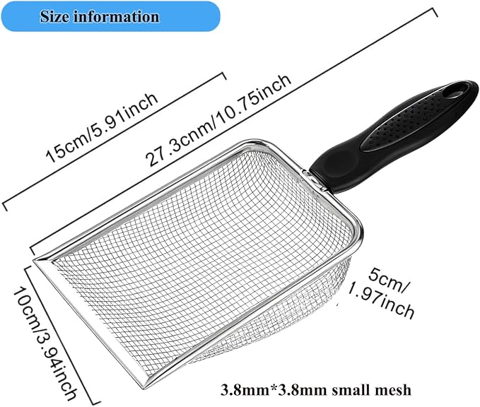 Cat Litter Scoop, Stainless Steel Cats Sturdy Mesh Scooper Kitty Metal Scooper Long Handle Scooper Shovel Sifter for All Litter Types Metal Cat Scooper for Litter Box