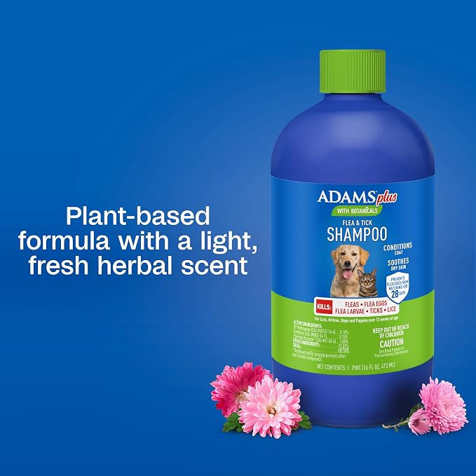 ADAMS Plus Botanicals Flea & Tick Shampoo with Precor for Dogs, Cats, Puppies & Kittens, Flea Shampoo to Treat Infestations, Kills Eggs & Lice, Cleans and Conditions Coat, Plant-Based, 16 Ounces