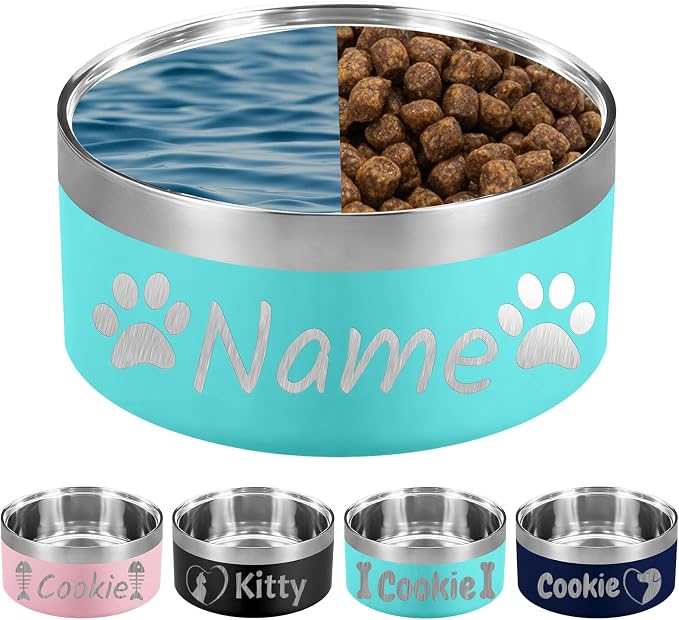 18OZ Personalized Dog Bowl Laser Engraved Custom Pet Name 18/32/42/64 oz No Slip Stainless Steel Insulated Bite-Resistant Food Water Dishes-Light Blue