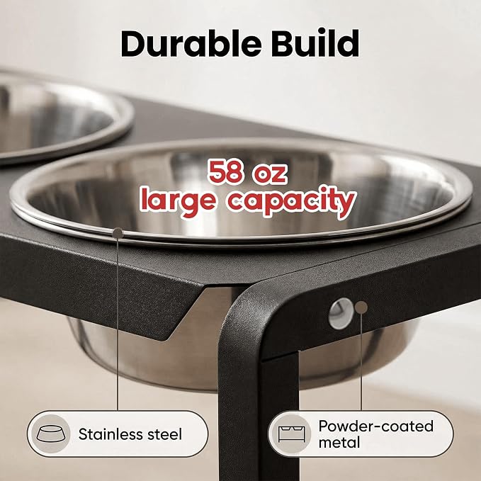 Metal Elevated Dog Bowls, Raised Dog Bowls for Medium/Large Sized Dogs with Two 58oz Stainless Steel Food Bowls, 3 Adjustable Height (8.8"/11.5"/14") Dog Bowl Stand Protect Neck & Joints