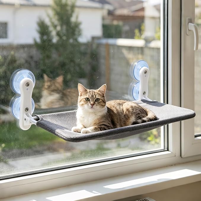 Renter Friendly Cat Shelves, Cat Window Perch Hammock Bed with 4 Suction Cups, Cordless Foldable Metal Frame & Reversible Cover, Indoor Window Hammock