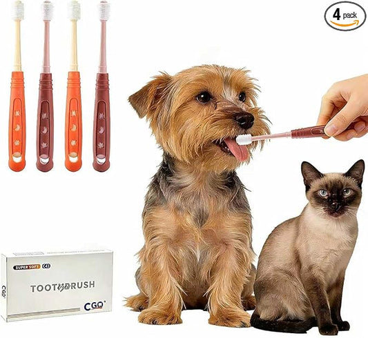 CGO 360° Silicone Pet Toothbrush - Dog Toothbrush for Small Dogs & Cats, 4-Pack Round Head, Extra Soft Bristles, Dental Cleaning and Oral Hygiene for Puppies and Kittens (2 Orange, 2 Brown)