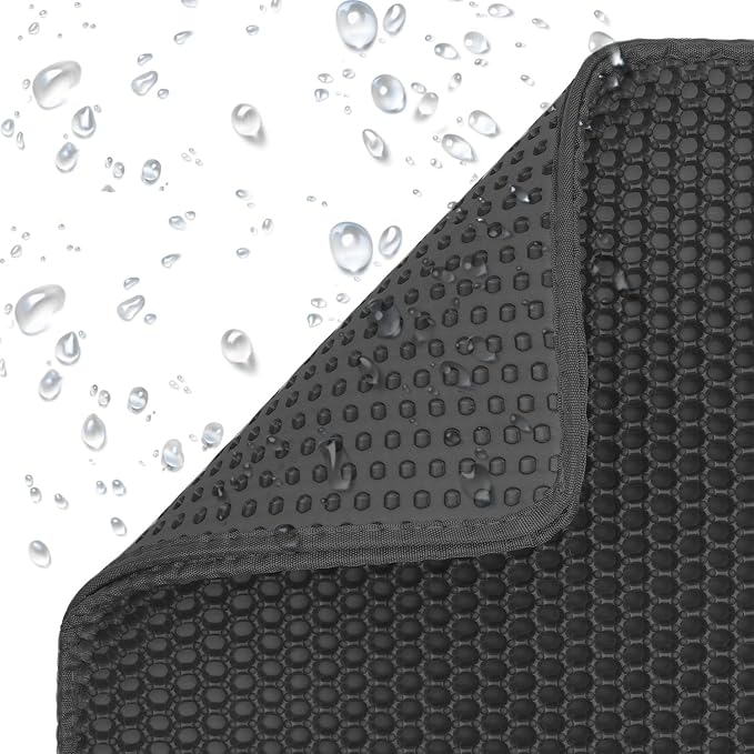 Cat Litter Mat Cat Litter Trapping Mat, 30 x 22 inch Honeycomb Double Layer Design, Urine and Water Proof Material, Scatter Control, Less Waste, Easier to Clean, Washable black