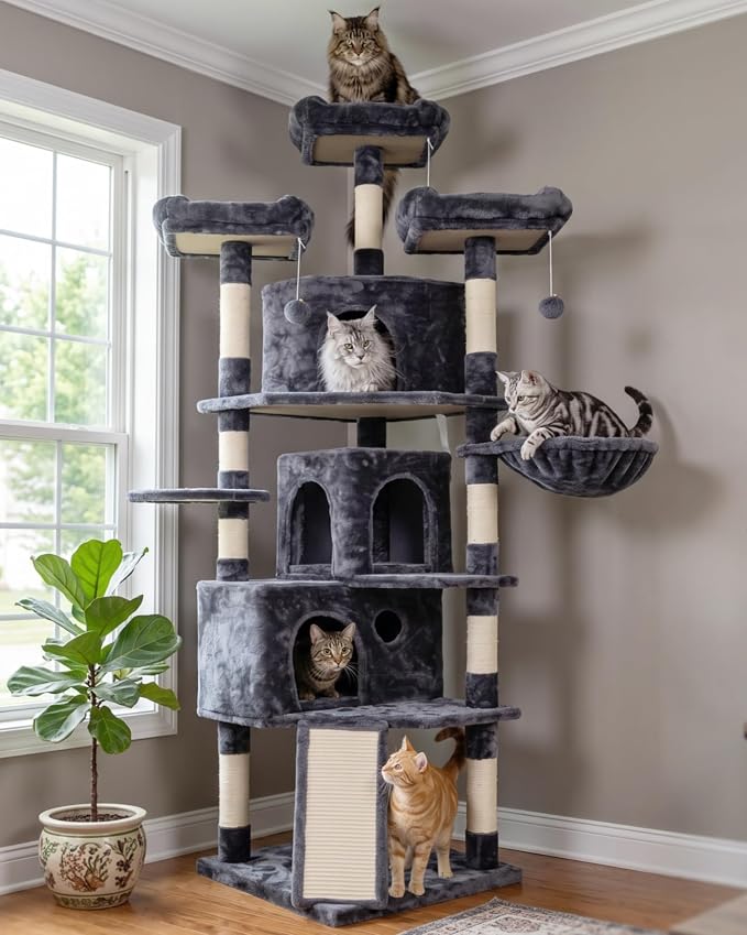 Hey-brother Cat Tree Tower with Multi-Level Large Condo, Platform, MPJ032G | 73.4 Inch Cat Tower with 3 Caves, 3 Cozy Perches, Scratching Posts, Board, Activity Center Stable for Indoor Cats, Smoky Gray