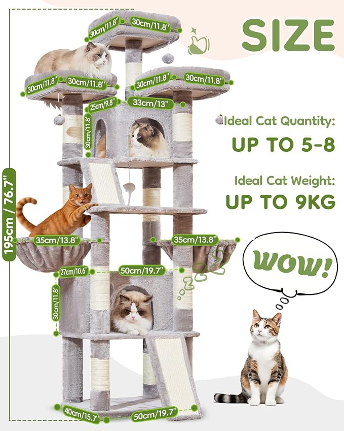 Taoqimiao Cat Tree for Large Cats, 76.8 Inches XL Cat Tower for Indoor Cats | 2 Scratch Boards, 3 Top Perches, 9 Scratching Posts, Multi-Level Cat Tree with 2 Condos, 2 Cozy Basket, Light Gray, T20W