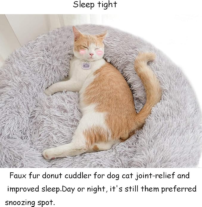 Faux Fur Dog Bed, Shag Round Anti-Anxiety Pet Calming Doughnut Cuddler for Medium Large Puppy Dog Cat Kennel Cushion - Self Warming (28'' D x 8" H, Light Grey)