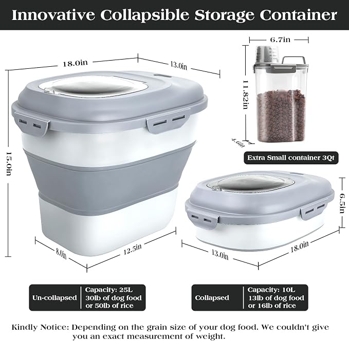 TIOVERY Dog Food Storage Container, Airtight Collapsible 13lb to 30lb Pet Food Container with Flip Top, Rolling Wheel, Scoop and 3L small container for Dog Cat Food and Dry Food of Rice, Flour