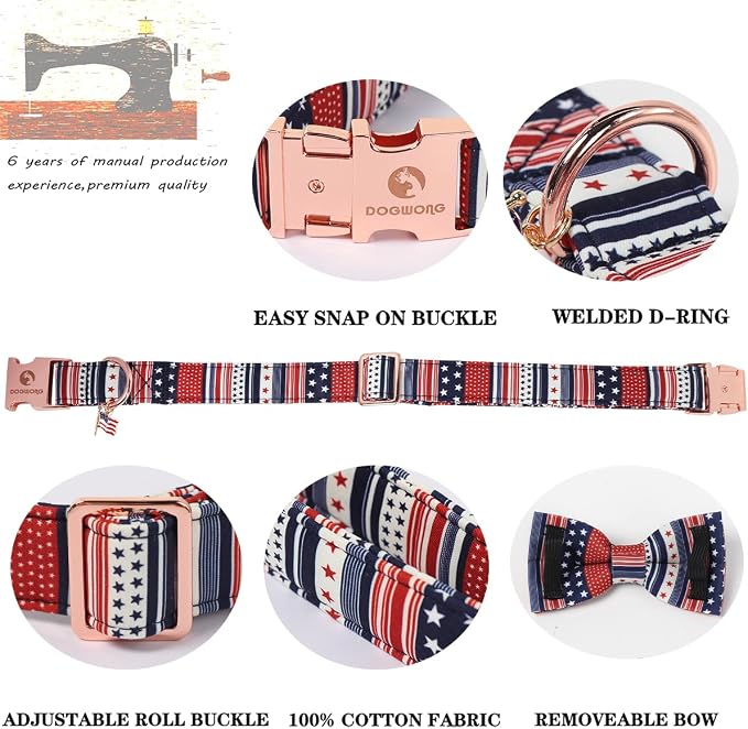 American Flag 4 of July Dog Bow Collar, Independence Day Adjustable Patriotic Dog Collar with Bowtie for Large Dogs,L