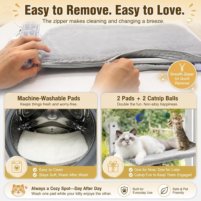 Cat Window Perch Hammock with 2 Washable Plush Covers, Cozy Window Bed for Cats with Catnip Toys, Window Mounted Cat Bed for Indoor Cats to Sunbathe and Relax