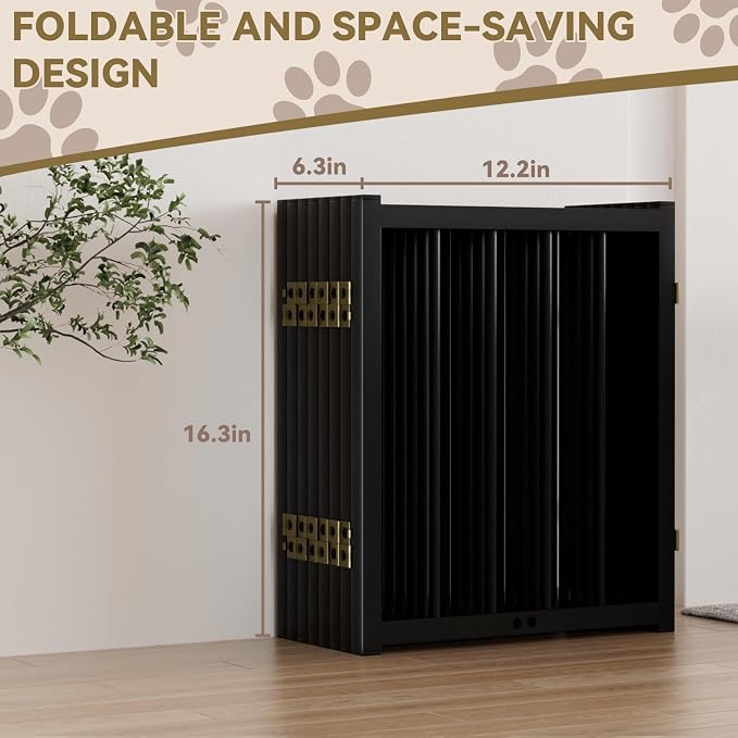 Snuowu 16" Freestanding Short Dog Gate for Small Dogs – Foldable & Retractable, Expands Up to 96" Wide, 8-Panel Pet Barrier for Doorways, Stairs & Hallways (Black)