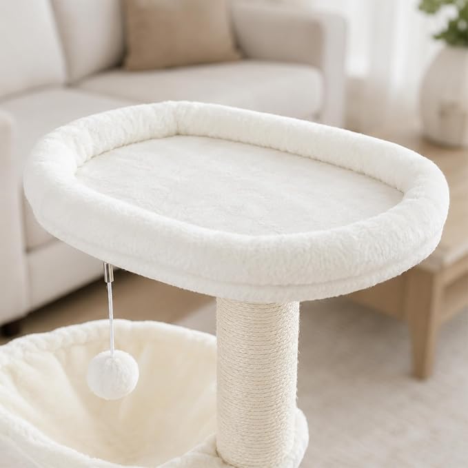 Smouatou Cat Tree with Cat Condo and Two Hammocks, Cat Tower with Scratching Posts and Scratching Pads Cat Toys, Beige
