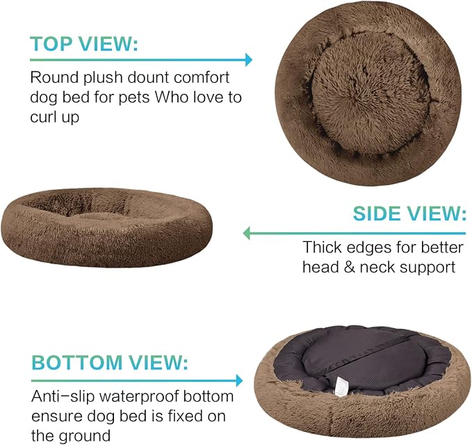 SAVFOX 54 inches Calming Donut Dog Bed - 3X Durable Plush Faux Fur, Machine Washable & Non-Slip, Fits up to 210 lbs, Removable Cover, Brown